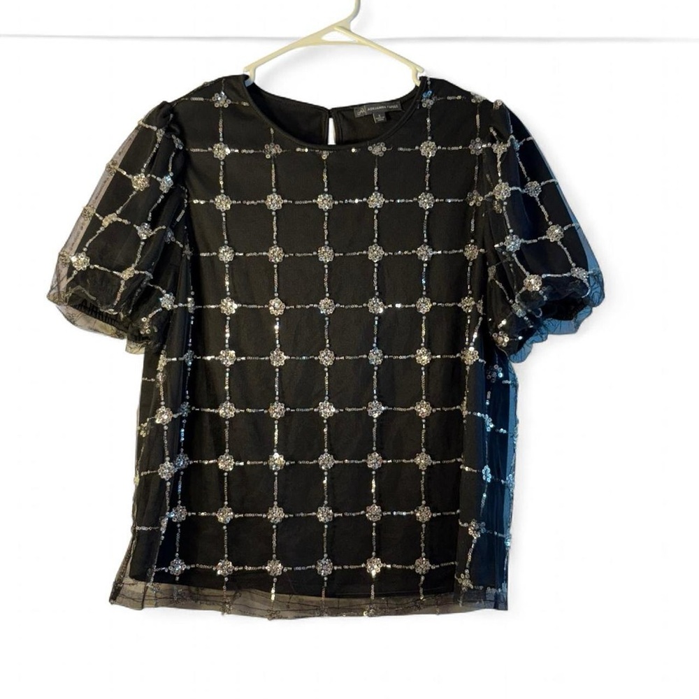 Adrianna Papell Black and Silver Grid Blouse